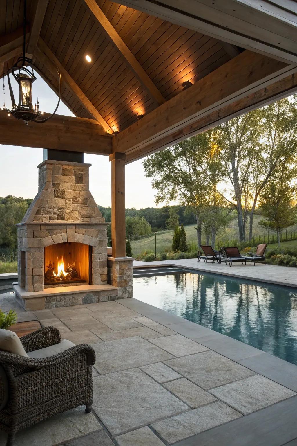 Enjoy your poolside year-round with an enclosed fireplace.