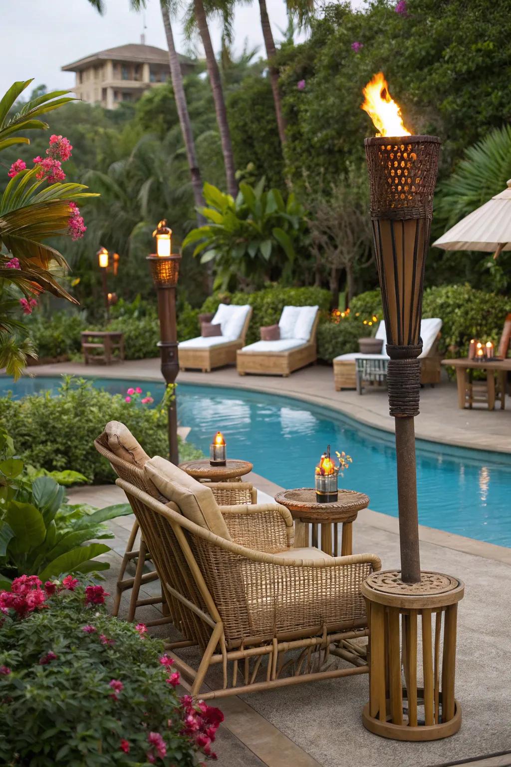 Create a resort-like atmosphere with tropical touches.