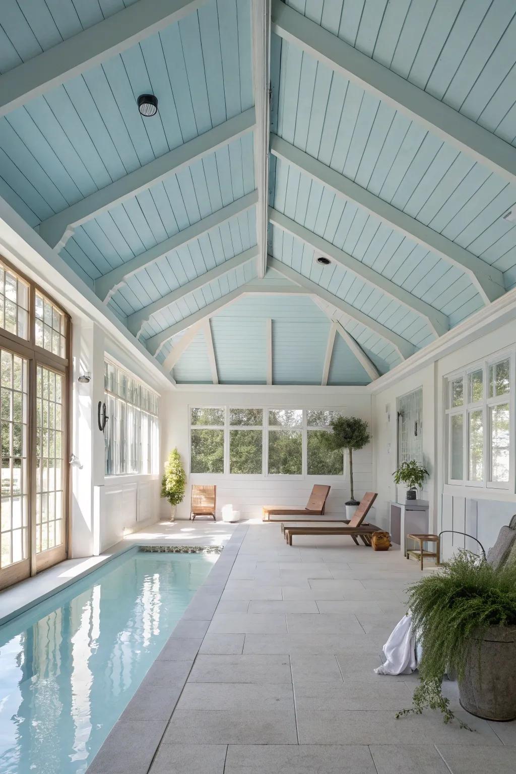 A painted ceiling in soft hues can create a serene poolside retreat.