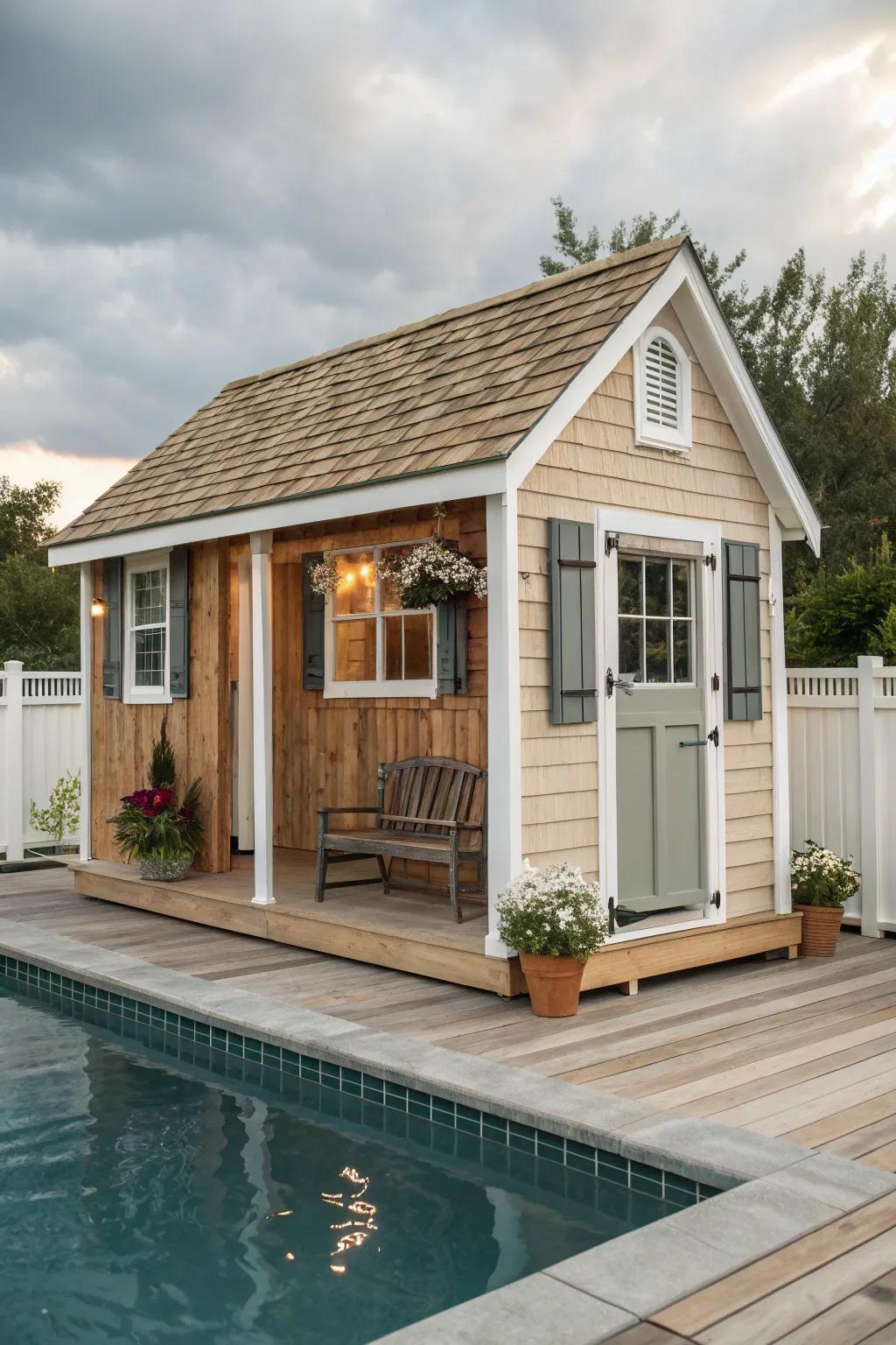 A tiny house by the pool for a charming getaway.