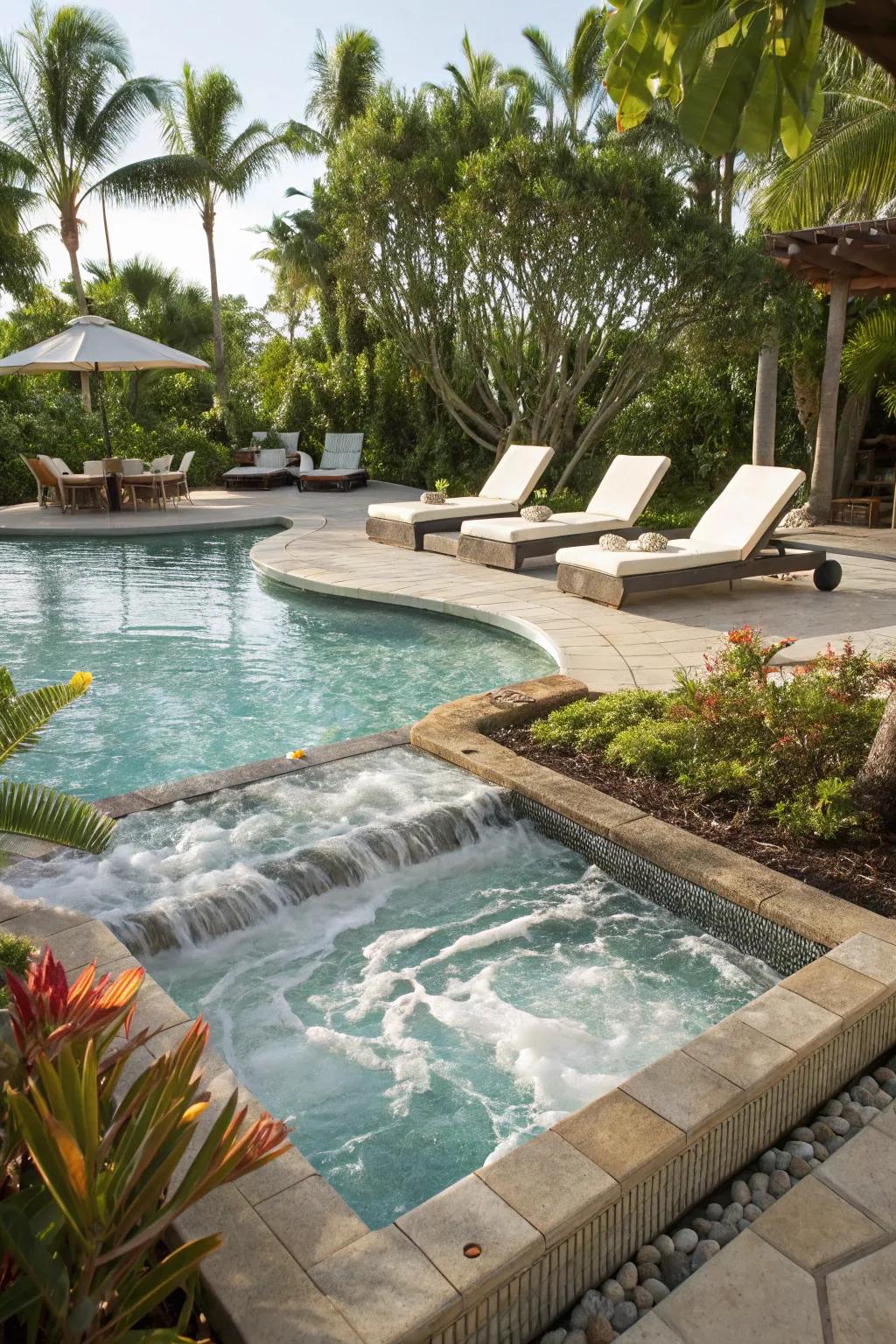 A pool and jacuzzi featuring in-water lounges and tanning ledges for relaxation.