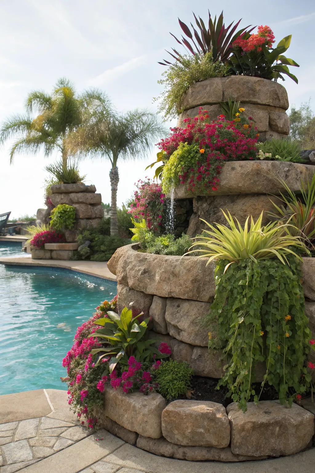 Raised rock planters add height and beauty to your pool area.