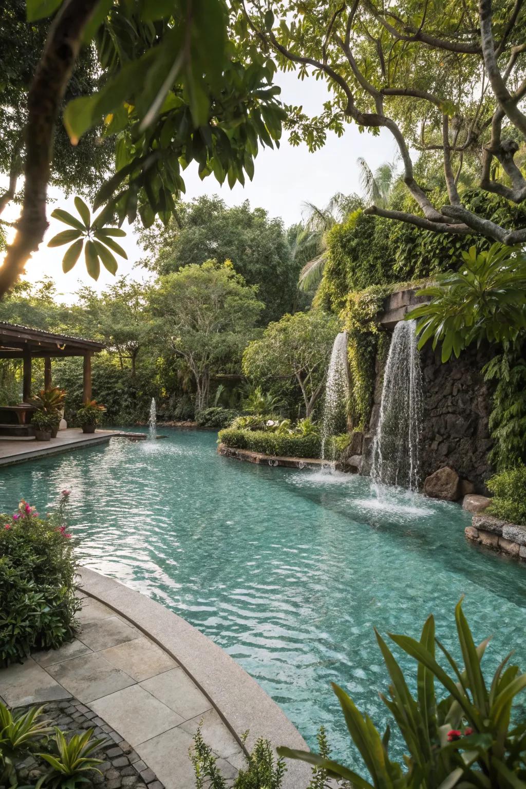 Merging pool design with nature through greenery and water features.