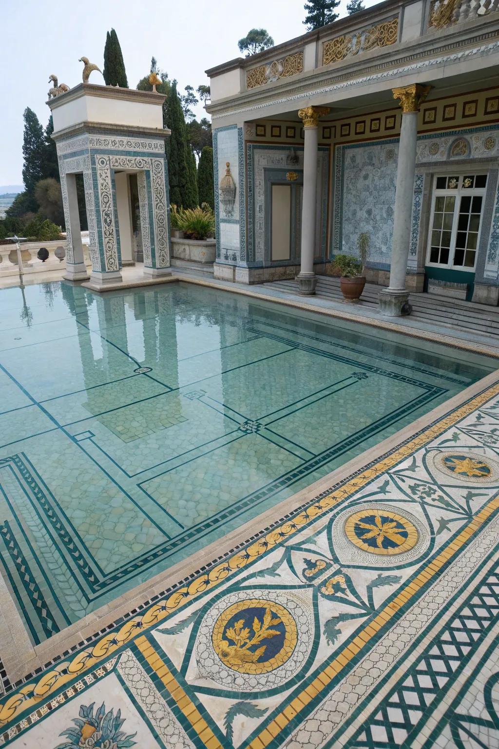 A pool with classical mosaic designs inspired by ancient civilizations.
