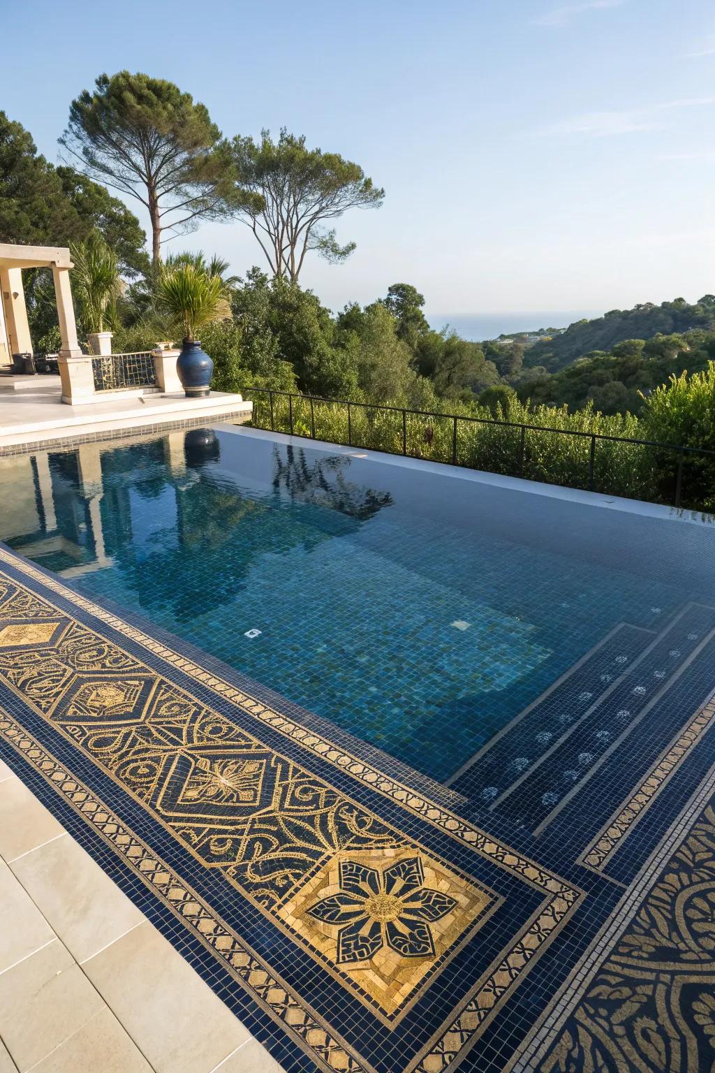 Luxurious mosaics create an upscale pool experience.