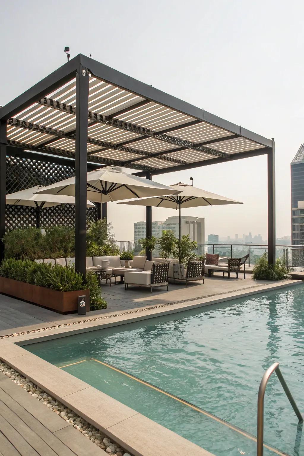 A chic pergola providing shade by a rooftop pool.