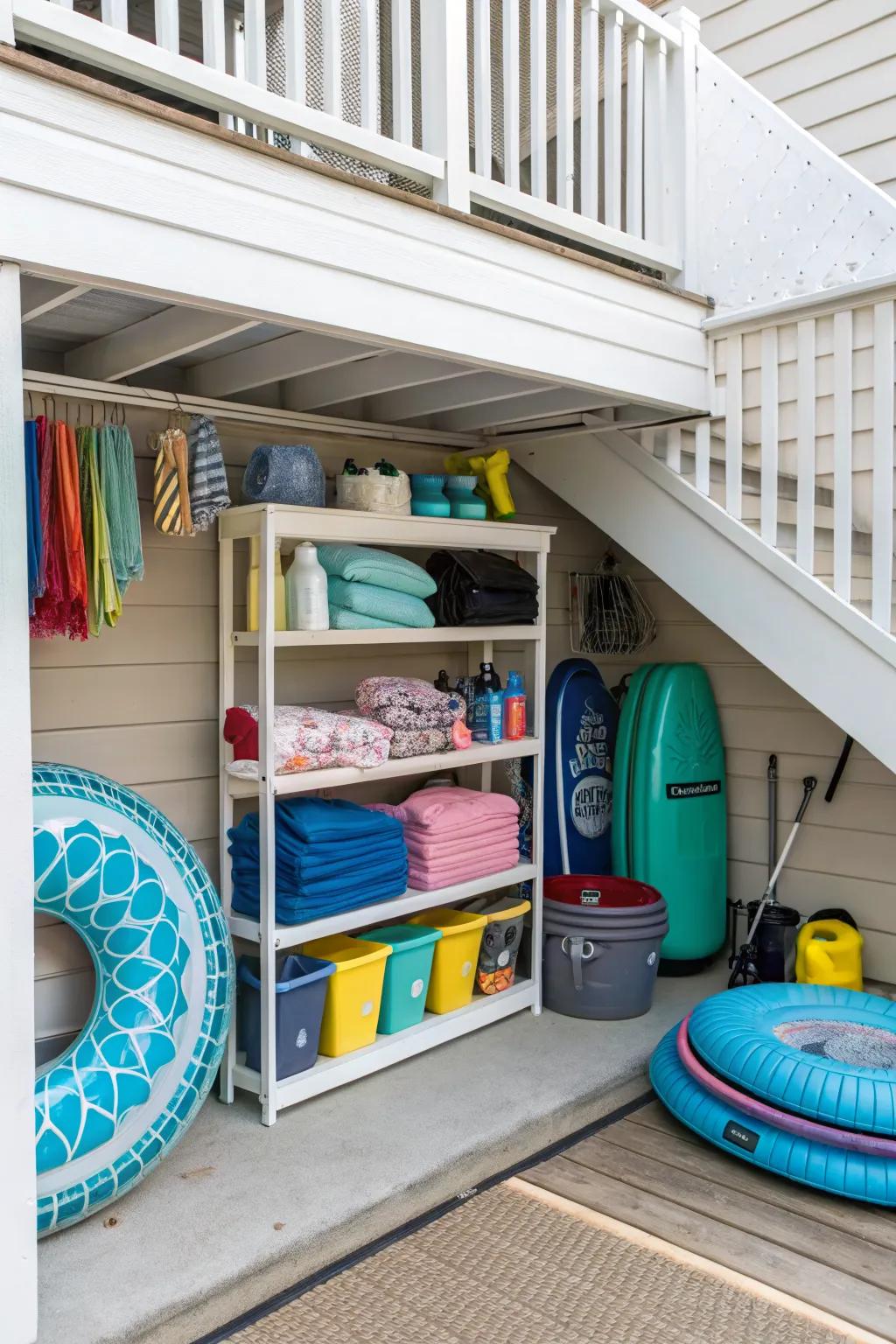 Under-deck areas offer hidden storage options for larger items.
