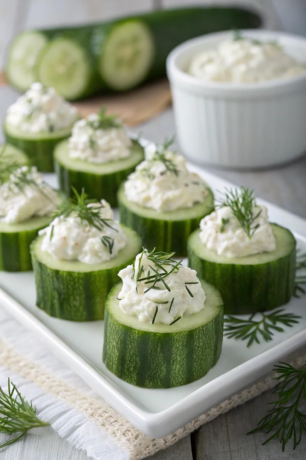 Refreshing cucumber cups with dill cream cheese.