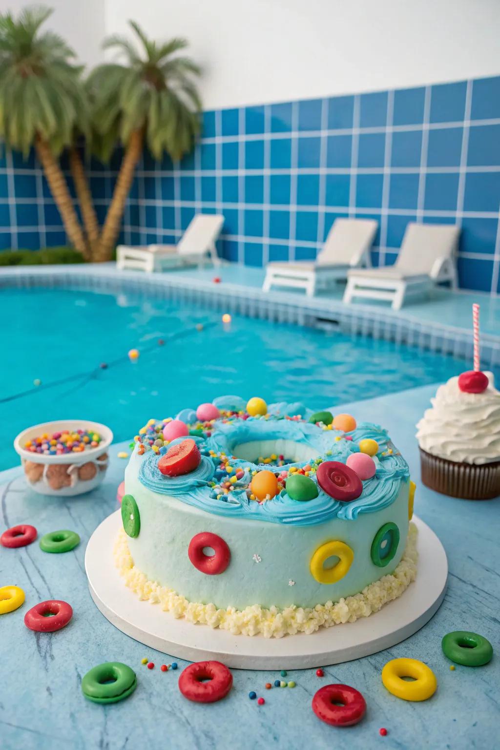 Colorful floating rings add whimsy to your cake.