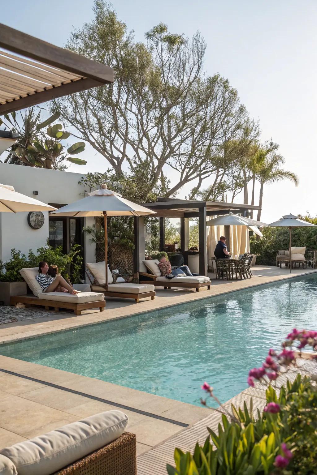 A pool with a relaxing lounge area.