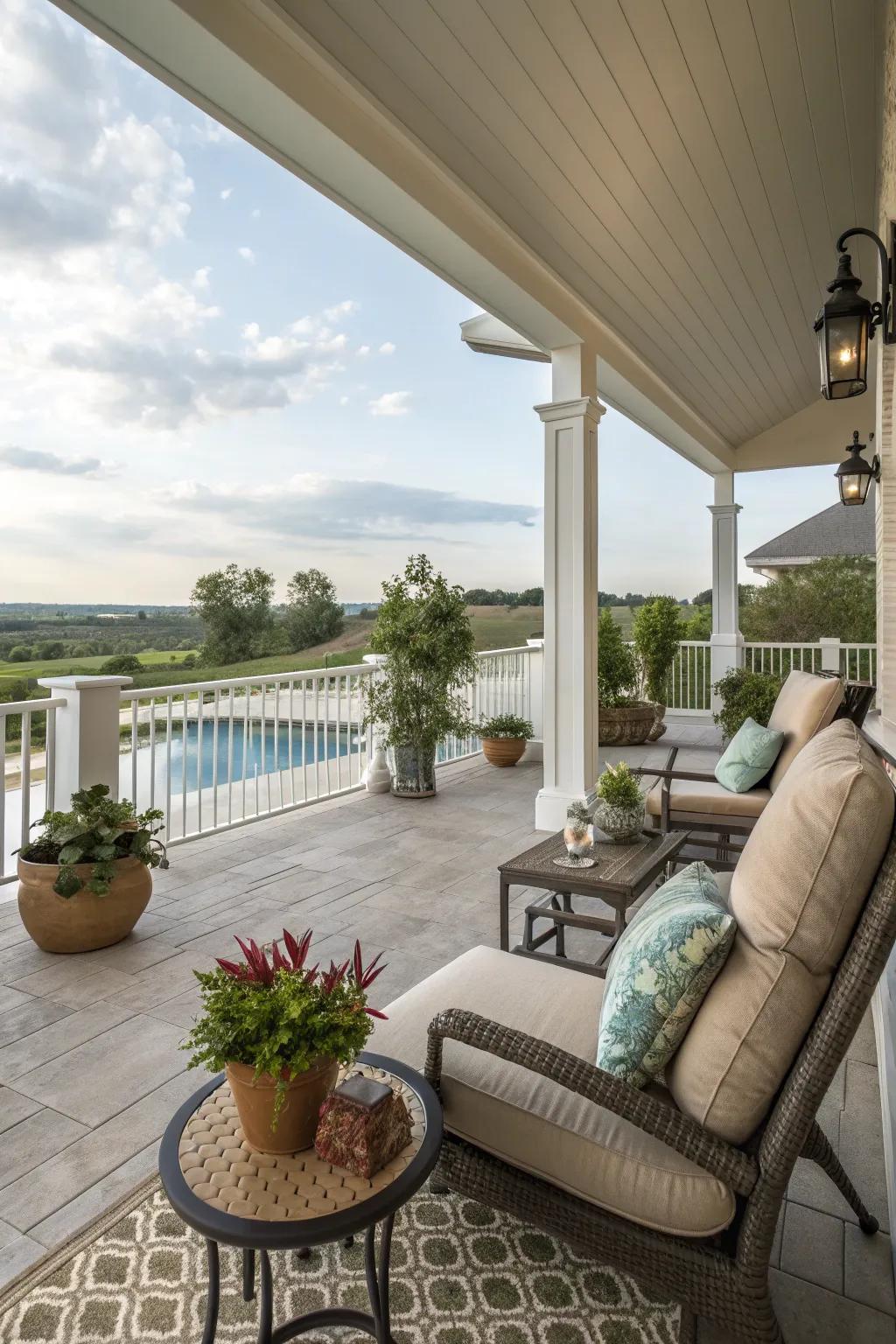 Seamless design integration between indoor and poolside porch areas.