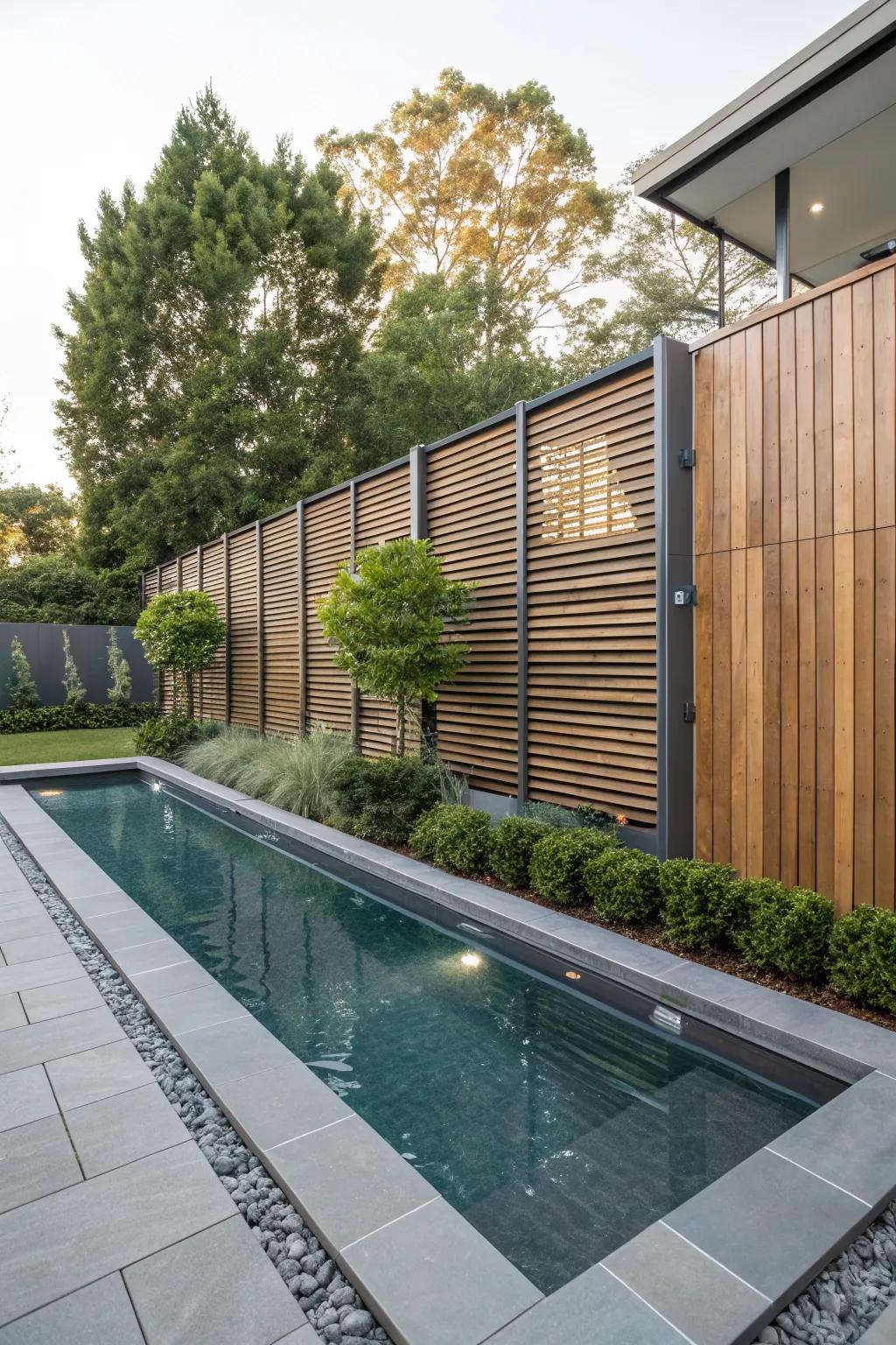 Mixed materials create a contemporary and durable privacy wall.