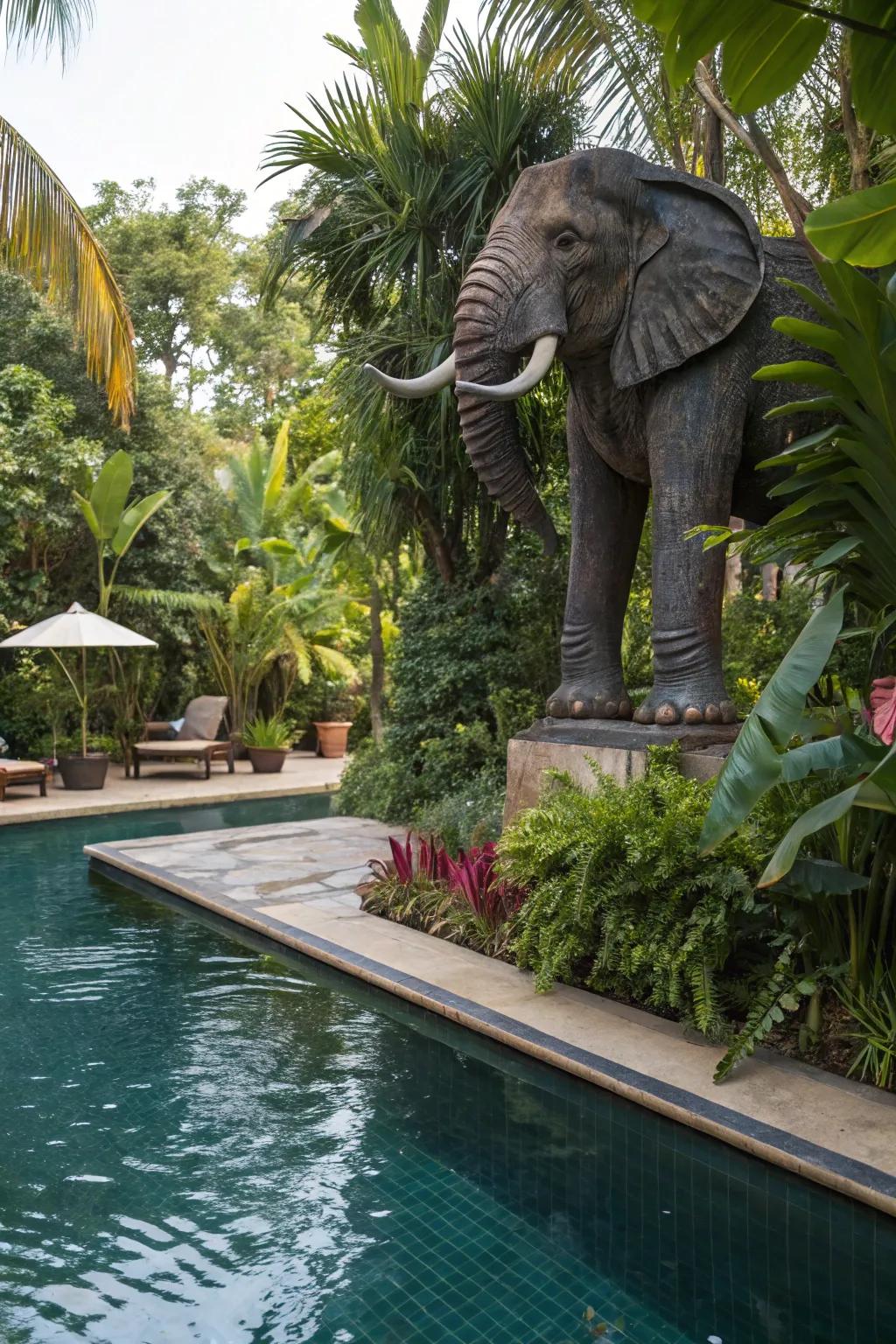 An elephant statue symbolizes wisdom and strength by the pool.