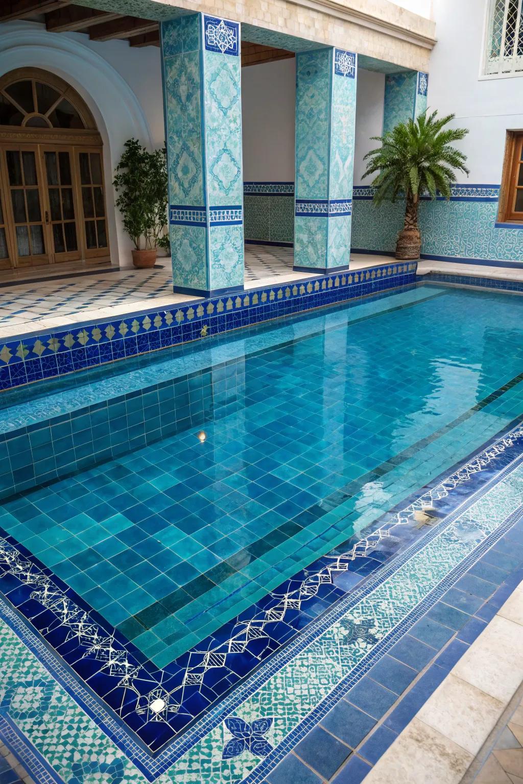 Pool with rich blue and aqua tiles.