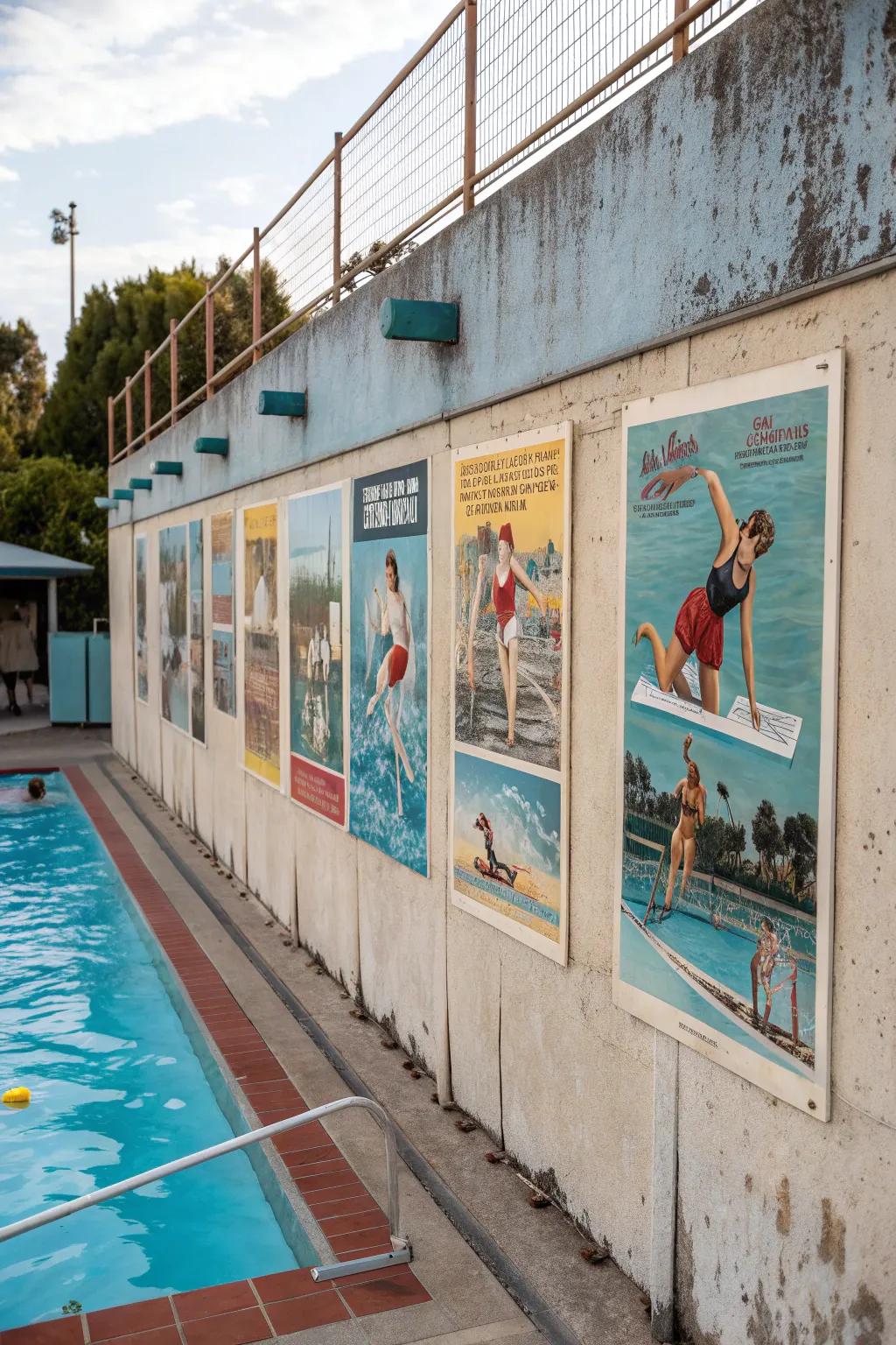 Retro posters add a nostalgic charm to poolside walls.