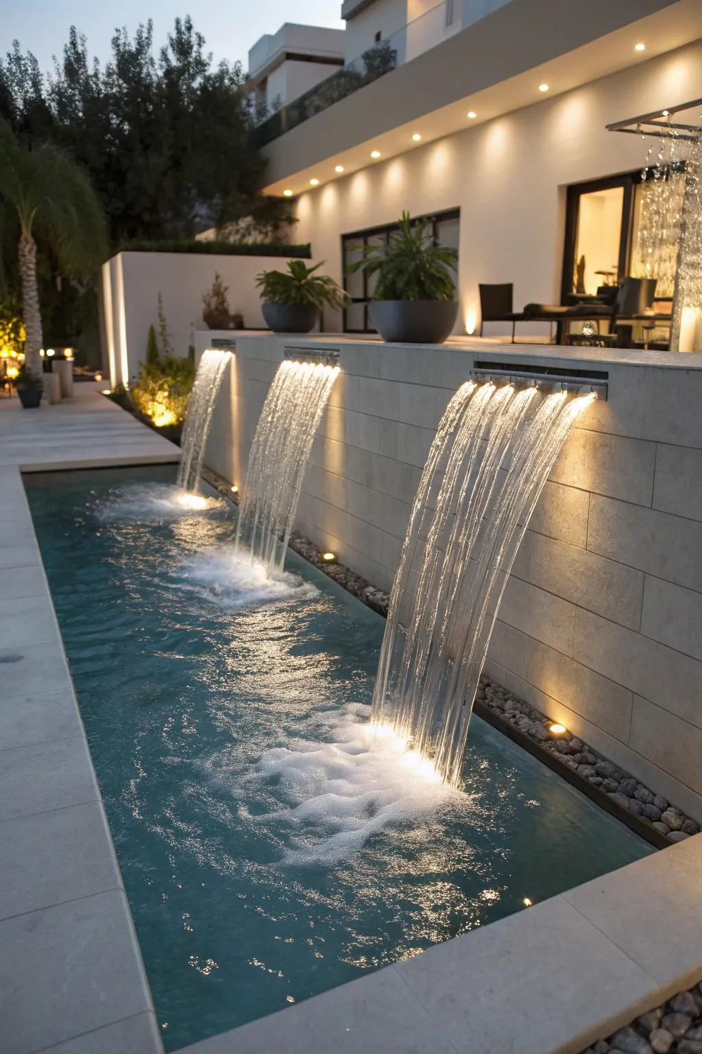 Lighted scuppers add a touch of modern elegance to your pool.