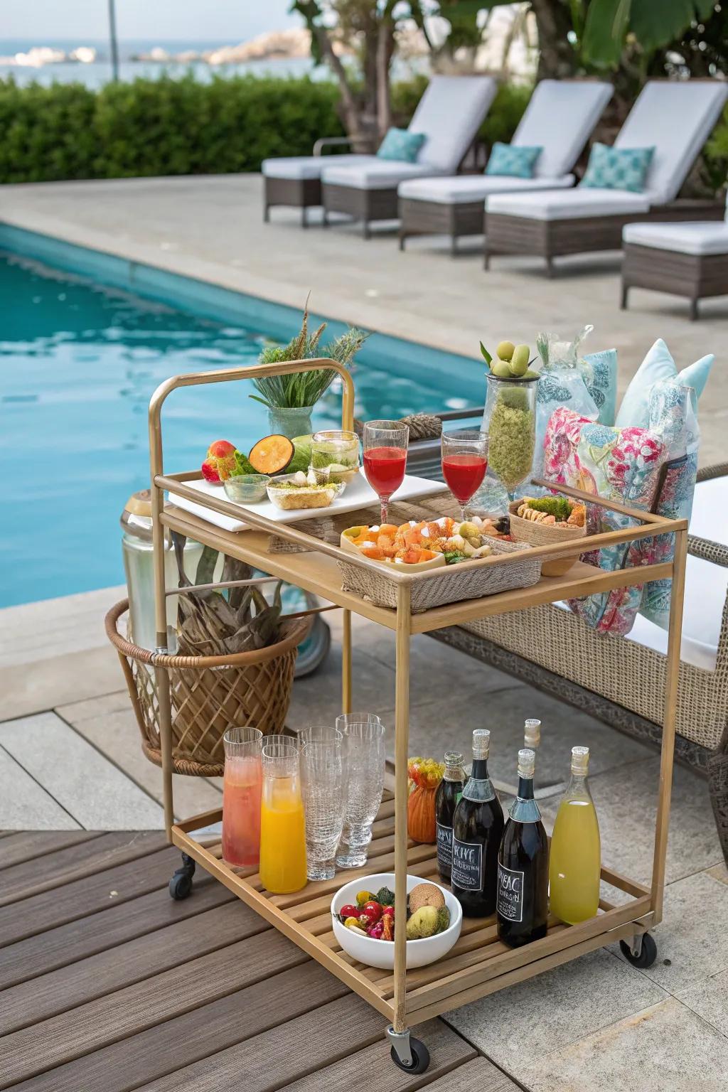Get creative with a DIY bar cart for poolside refreshments.