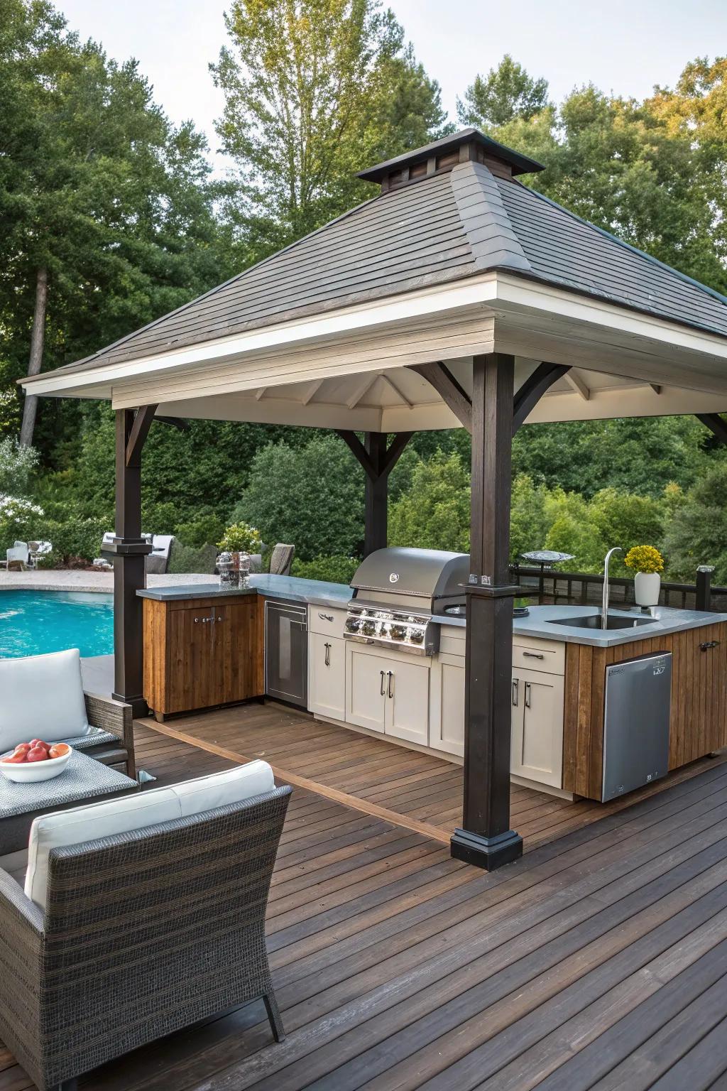 Cook and dine al fresco with a gazebo that doubles as a kitchen.