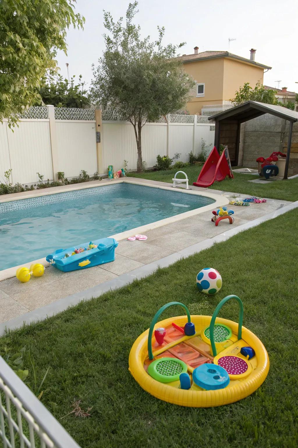 A kid-friendly poolside play zone on lush grass.