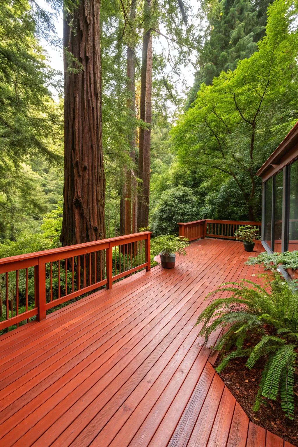 Redwood decks add a bold and vibrant contrast.