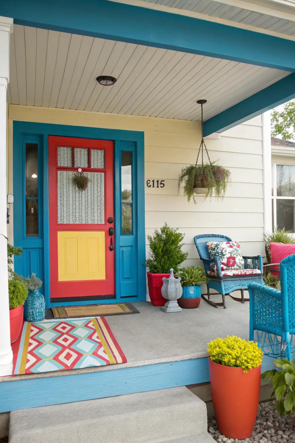 A porch with bold color accents for an eye-catching look