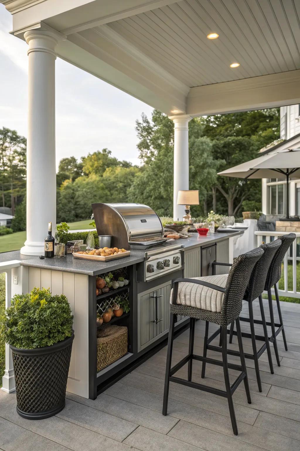 An outdoor kitchen turns your porch bar into a complete dining space.