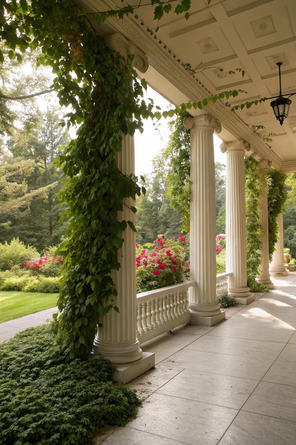 Vine-covered columns offer a lush and natural porch setting.