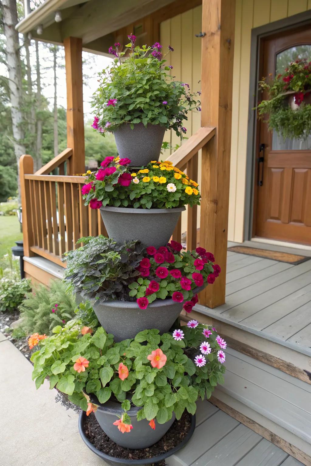 Tiered arrangements add depth and interest to your porch garden.