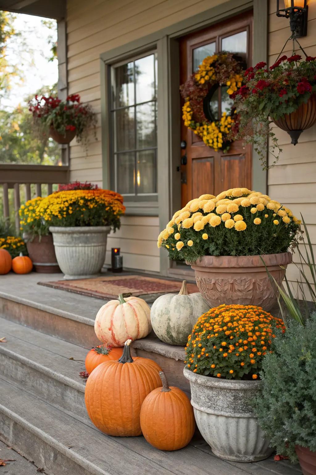 A fall-inspired porch with flower pots featuring pumpkins and mums.