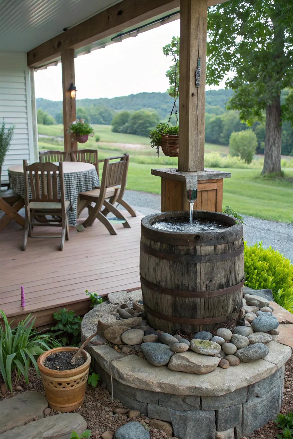 A rustic barrel fountain adds countryside charm to your porch.