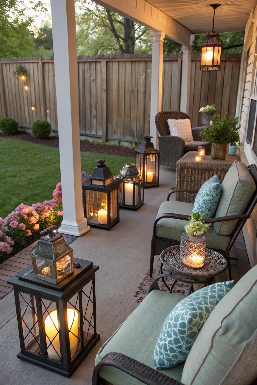 A porch enhanced by the charm of decorative lanterns.