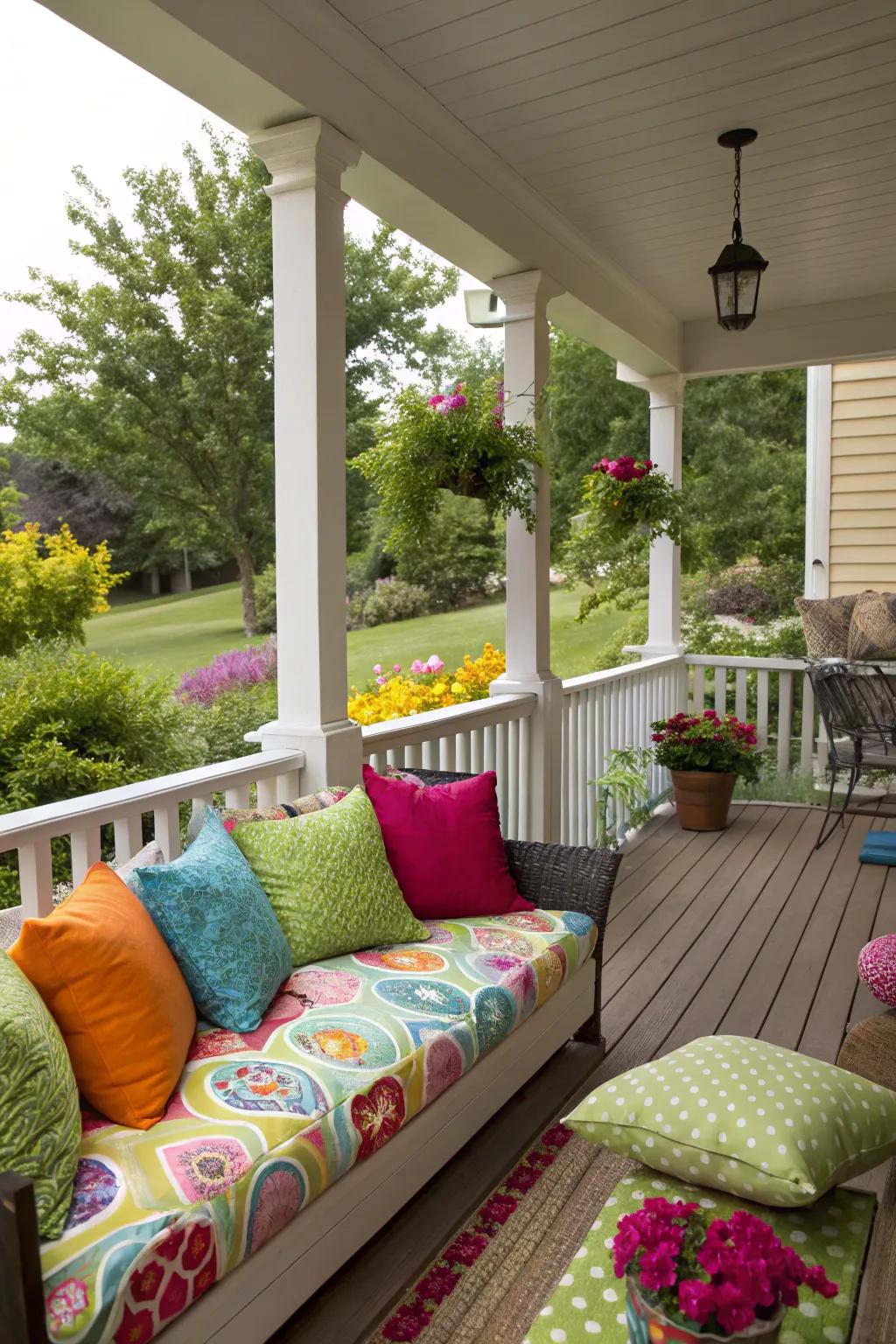Colorful cushions refresh the seating area with a splash of color.