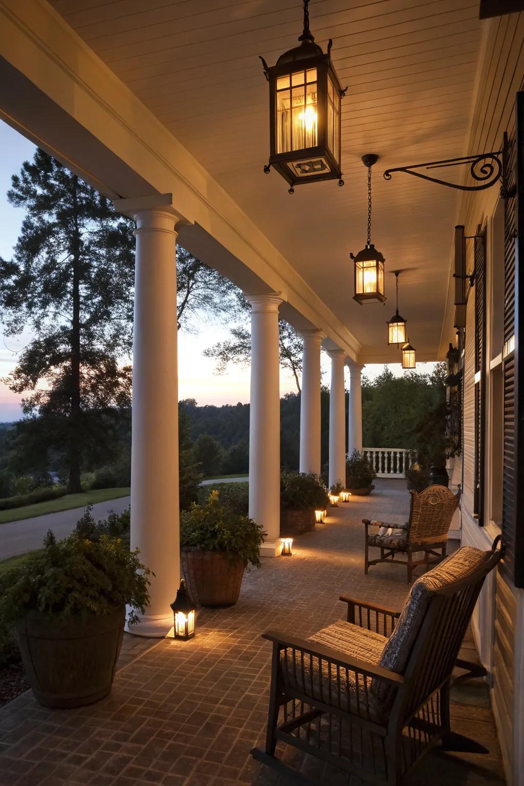 Lantern-style lighting creates a welcoming evening glow.
