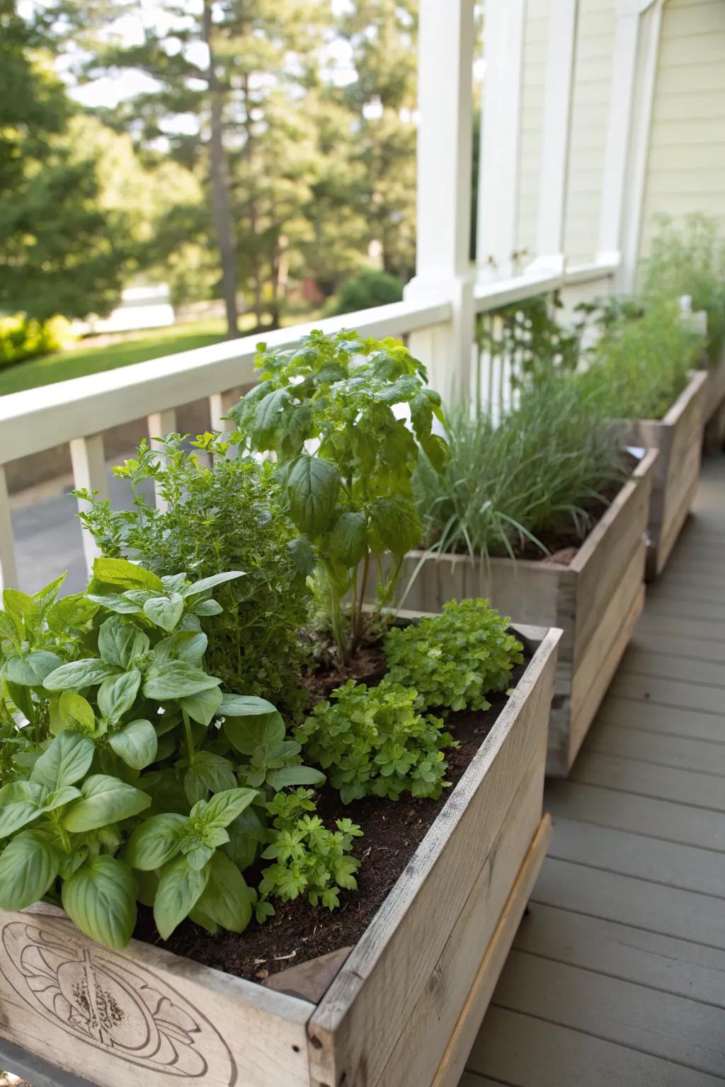 Enjoy fresh herbs with a porch planter box garden.