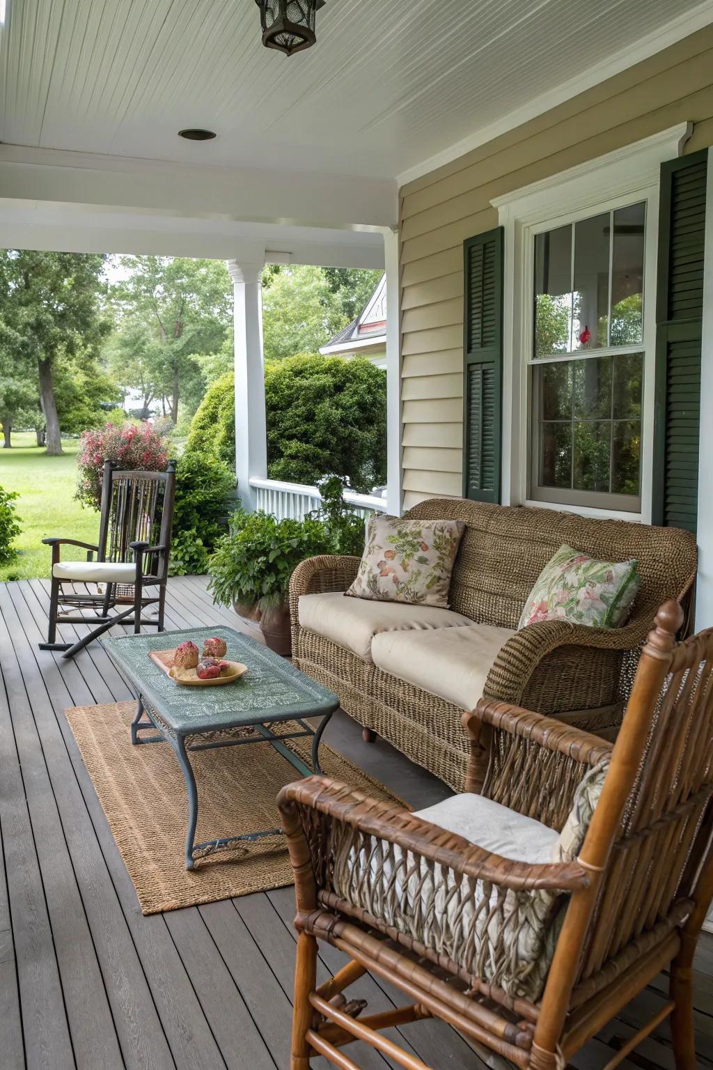 Mixing furniture styles adds unique character to your porch.