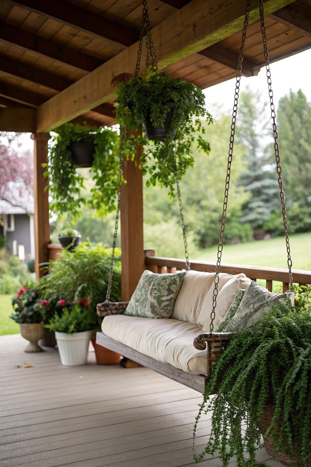 Create a refreshing retreat with greenery around your porch swing.