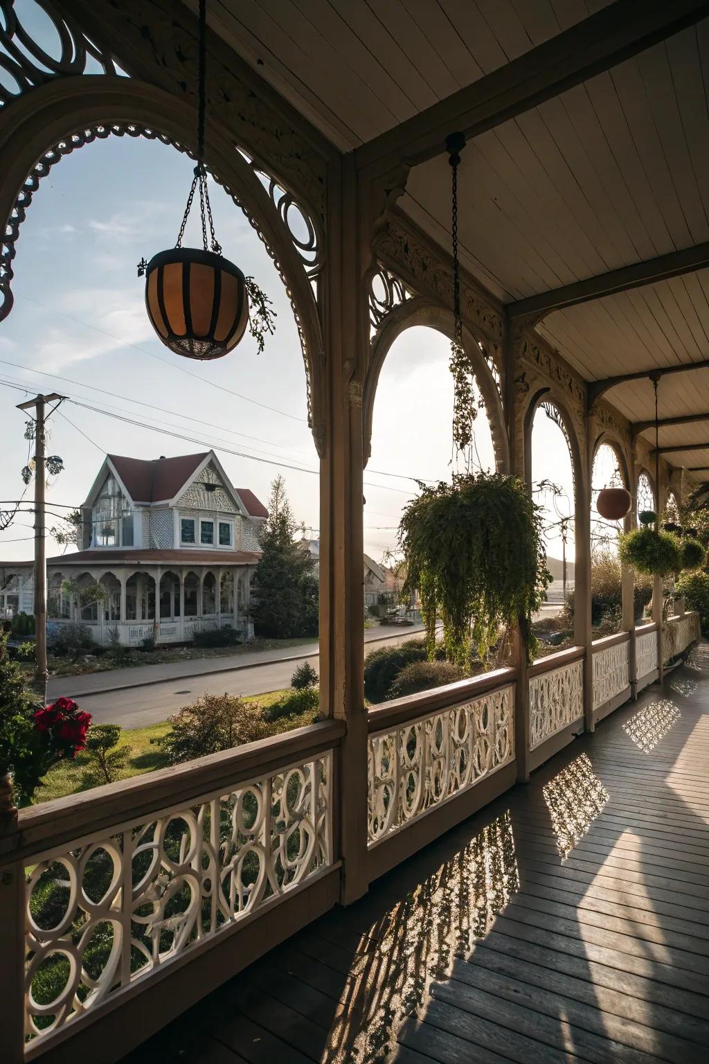 Unique window shapes adding character to the porch.
