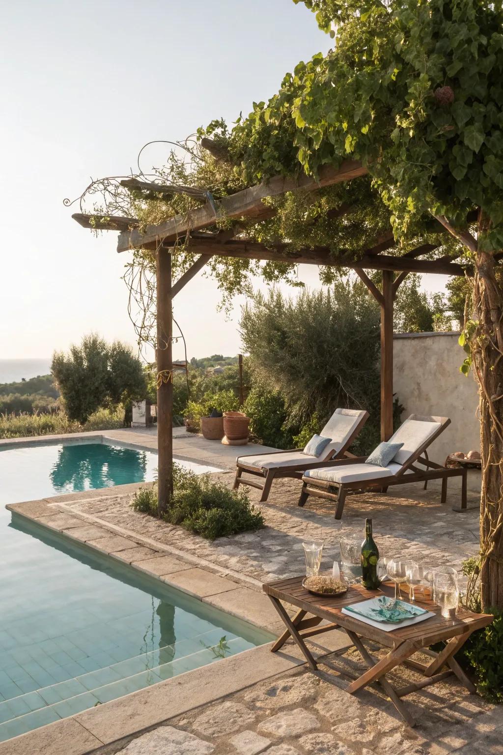 Enjoy poolside luxury with a pergola offering shade and style.