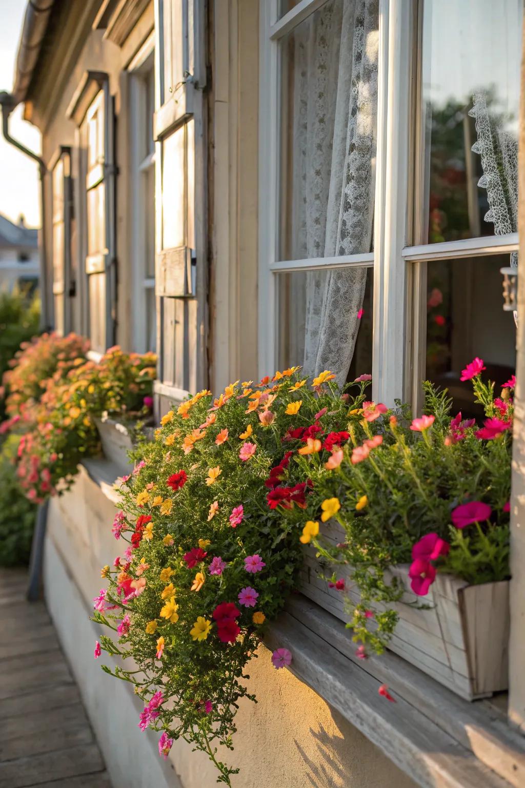 Portulaca window boxes add charm and color to any home facade.