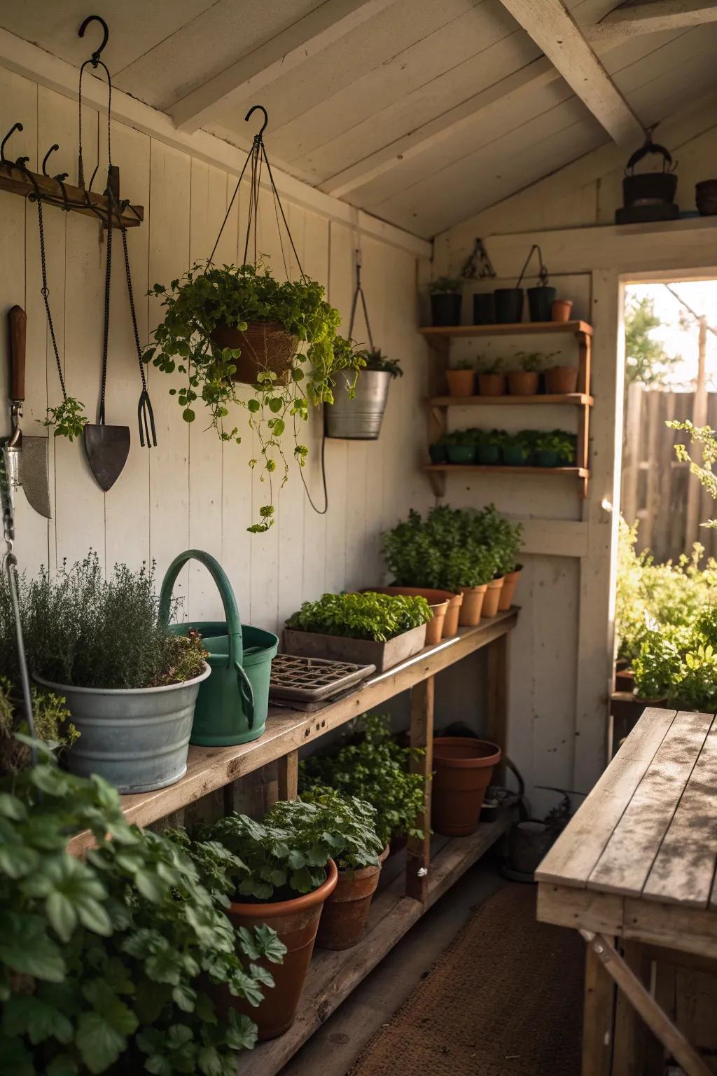 Greenery inside a vibrant potting shed.