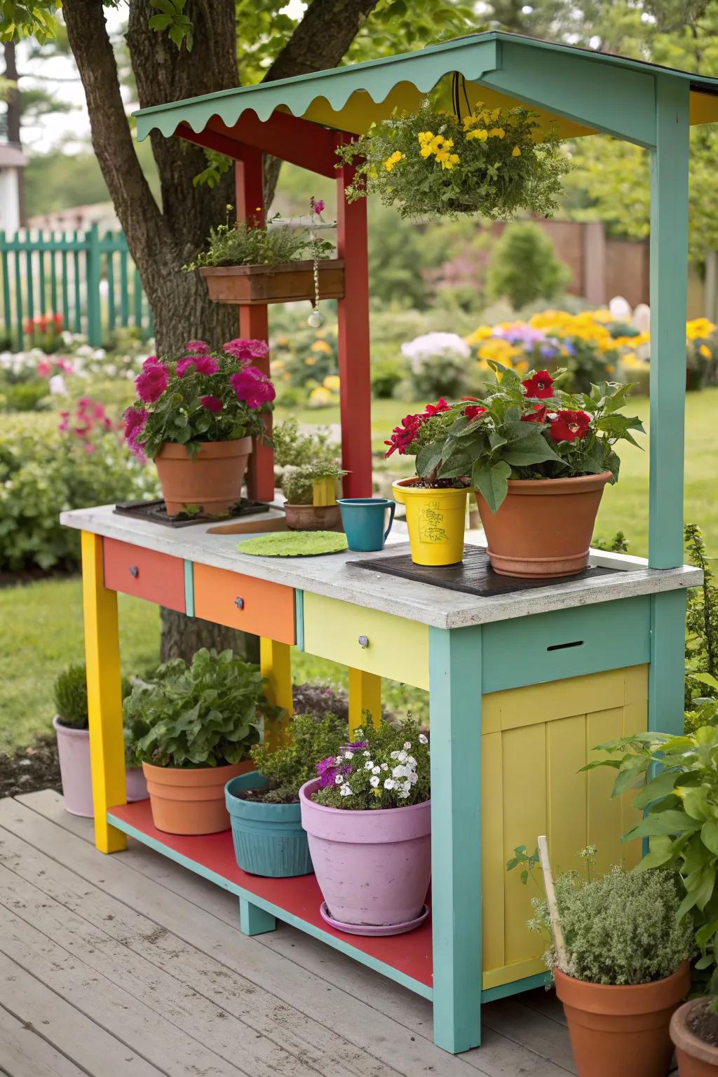 A colorful potting station that adds a pop of personality to the garden.