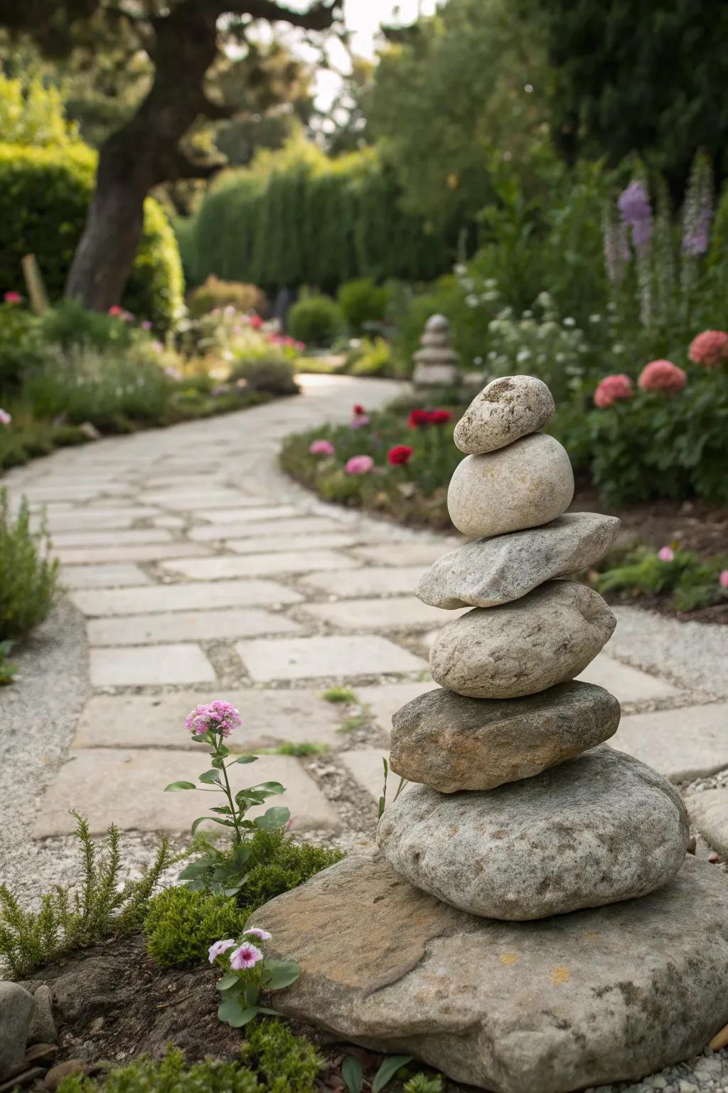 Natural stones artfully arranged in a garden, adding a grounding element.