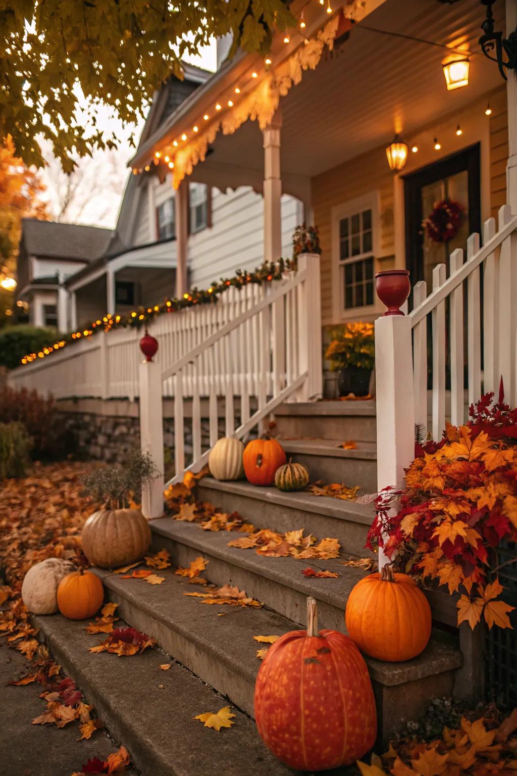 A porch decked out with festive pumpkins and autumn leaves.