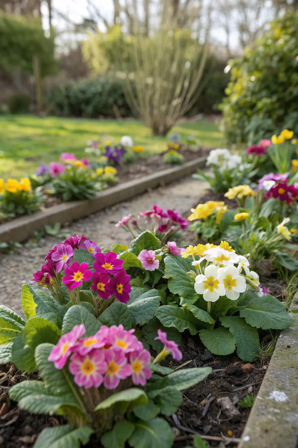 Seasonal primrose plantings bring continuous joy.