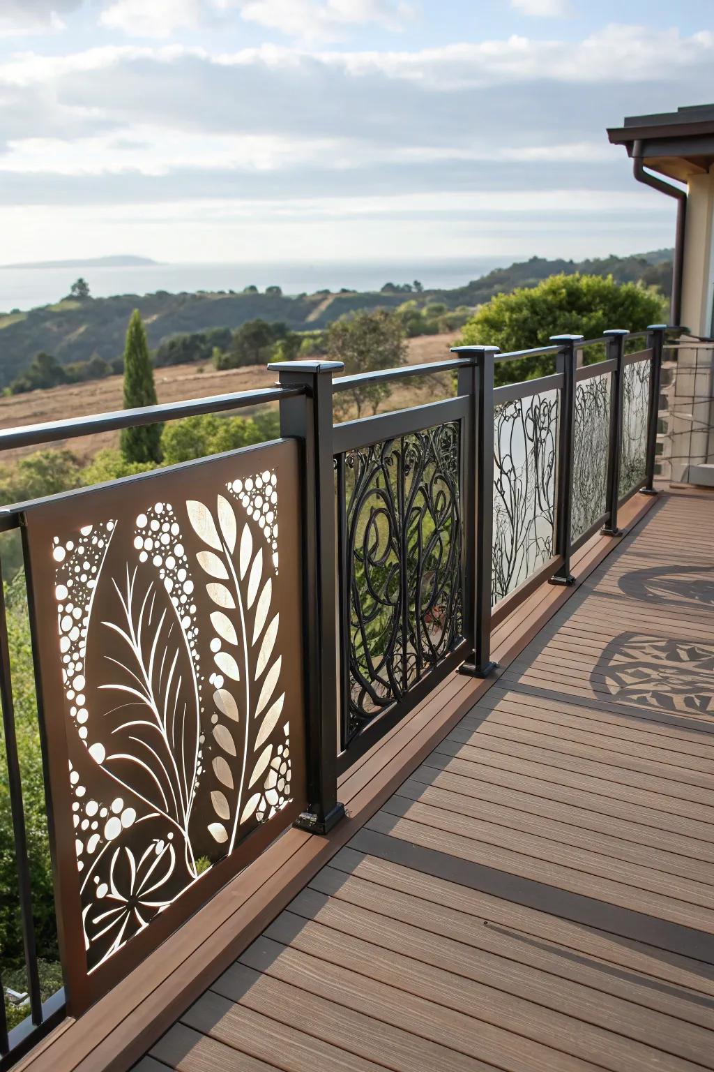 Artistic panels add a touch of creativity and privacy to this deck.
