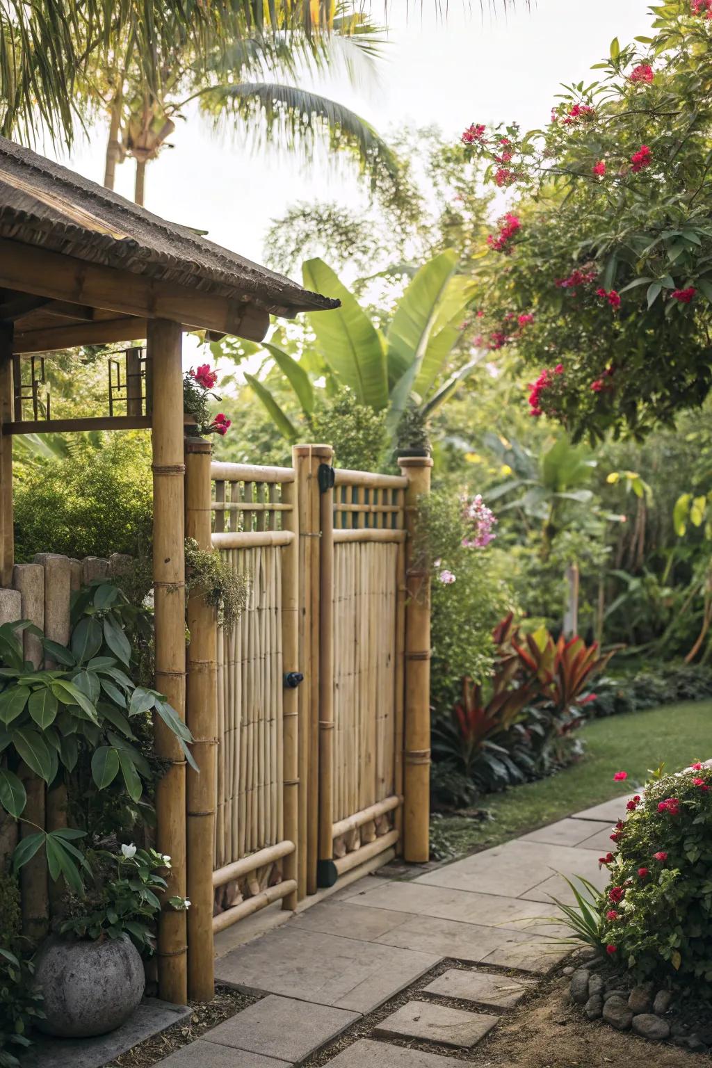 A bamboo-accented gate providing a touch of tropical elegance.