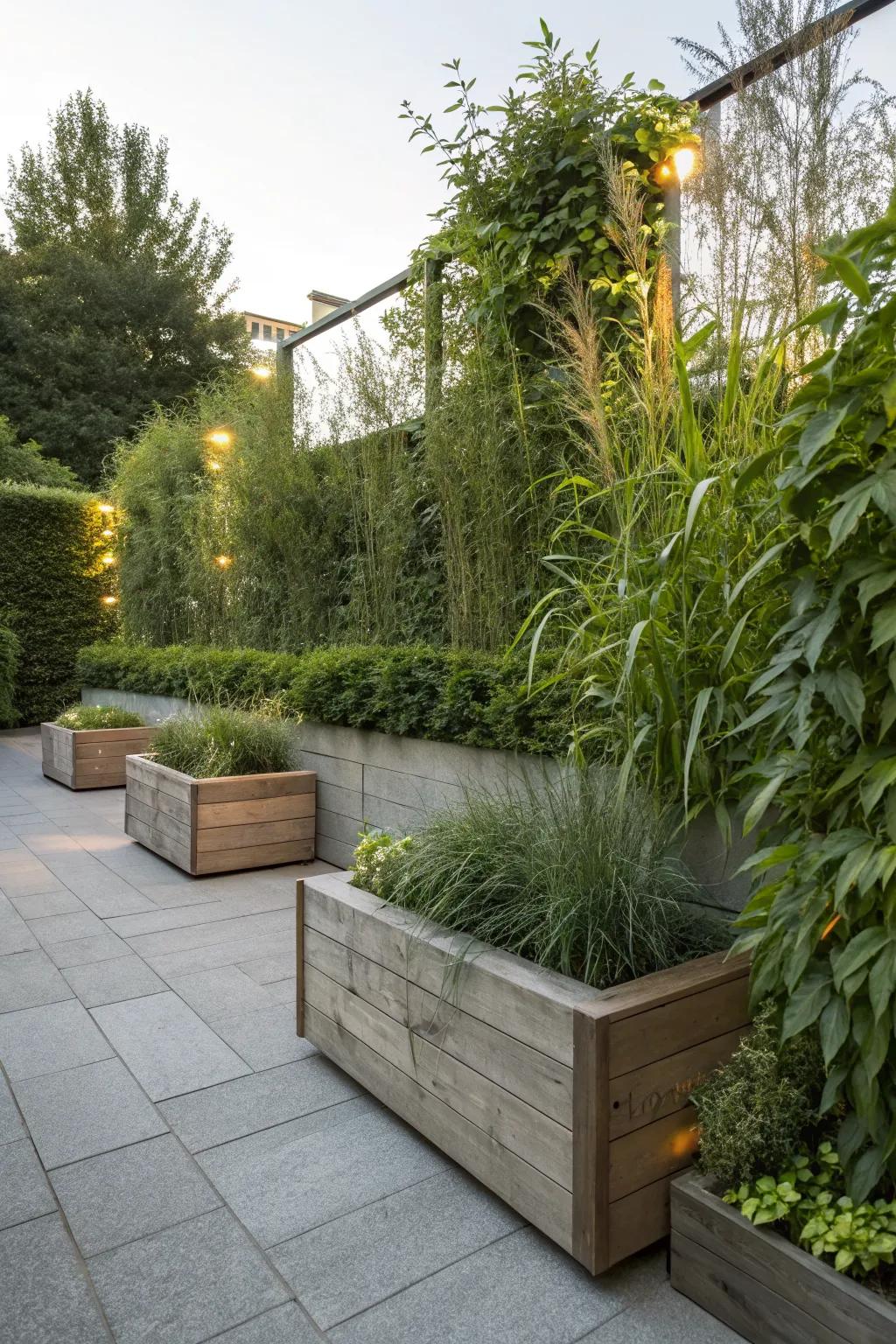 Raised planters provide height and privacy in compact spaces.