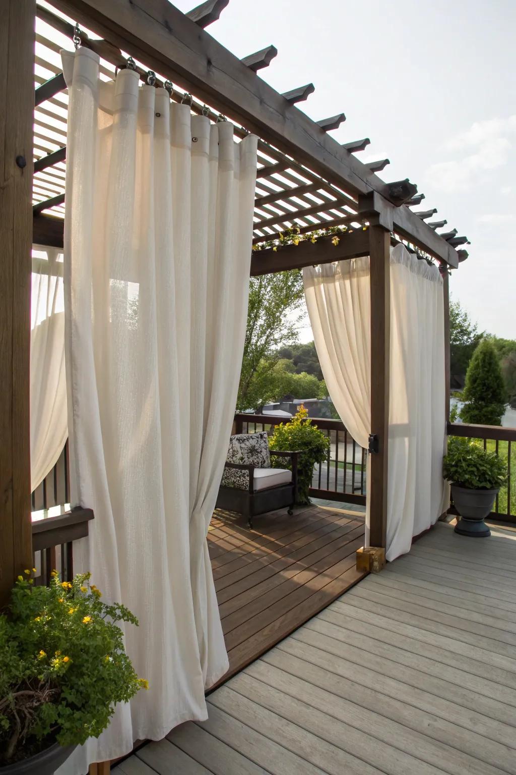 A pergola with curtains adds elegance and adjustable privacy.