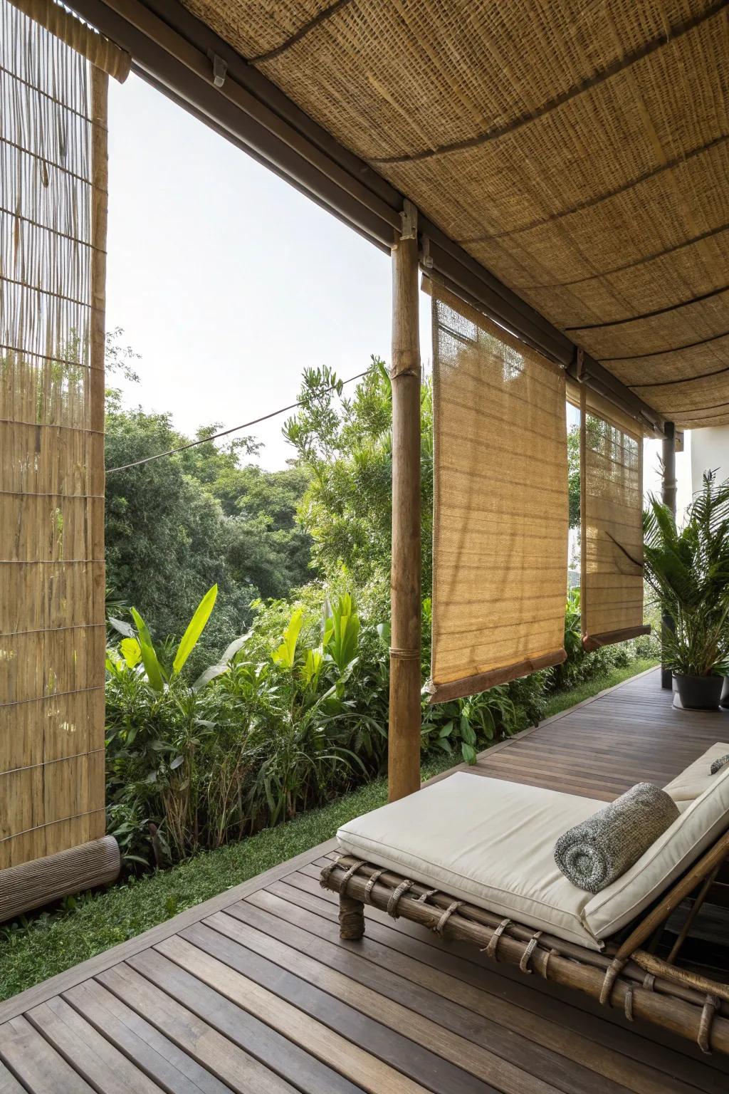 Bamboo shades offer adjustable privacy and a tropical touch.