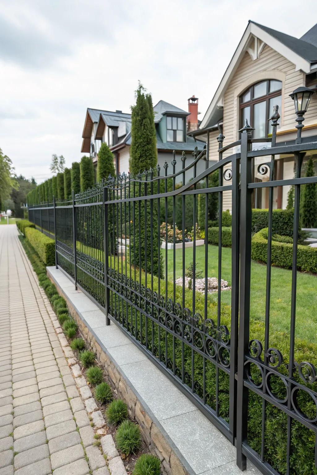 A modern wrought iron fence with sleek horizontal bars for a contemporary look.